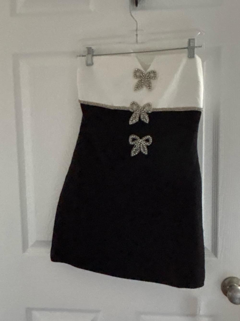 Self-Portrait Black and White Strapless Mini Dress with Crystal Bows